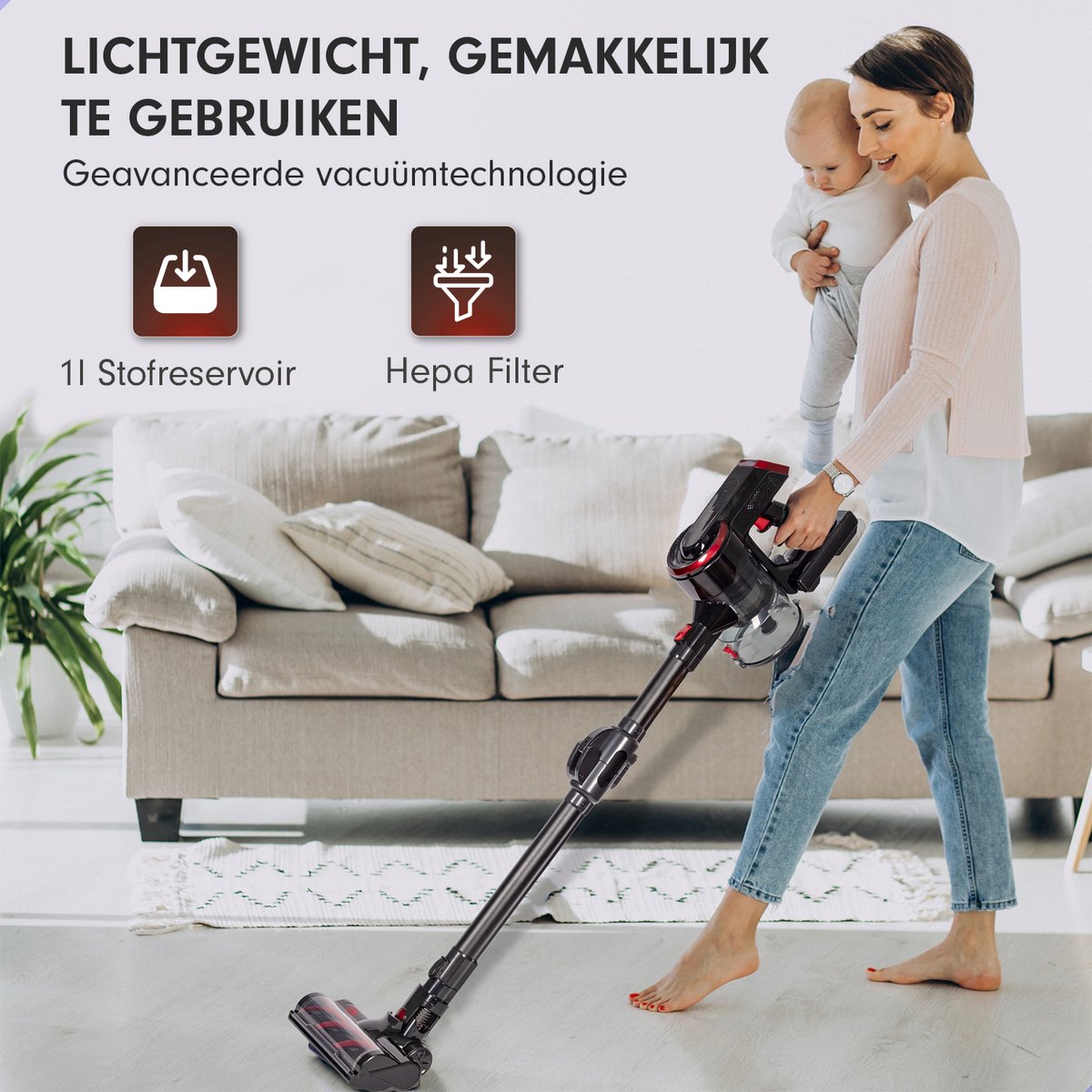 AG Stabstaubsauger. Obsidianrot. Mit flexiblem Schlauch und biegsamer Stange.