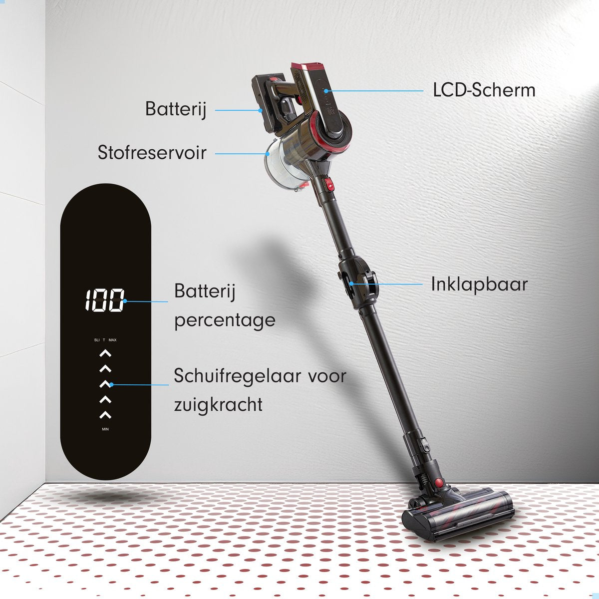 AG Stabstaubsauger. Obsidianrot. Mit flexiblem Schlauch und biegsamer Stange.
