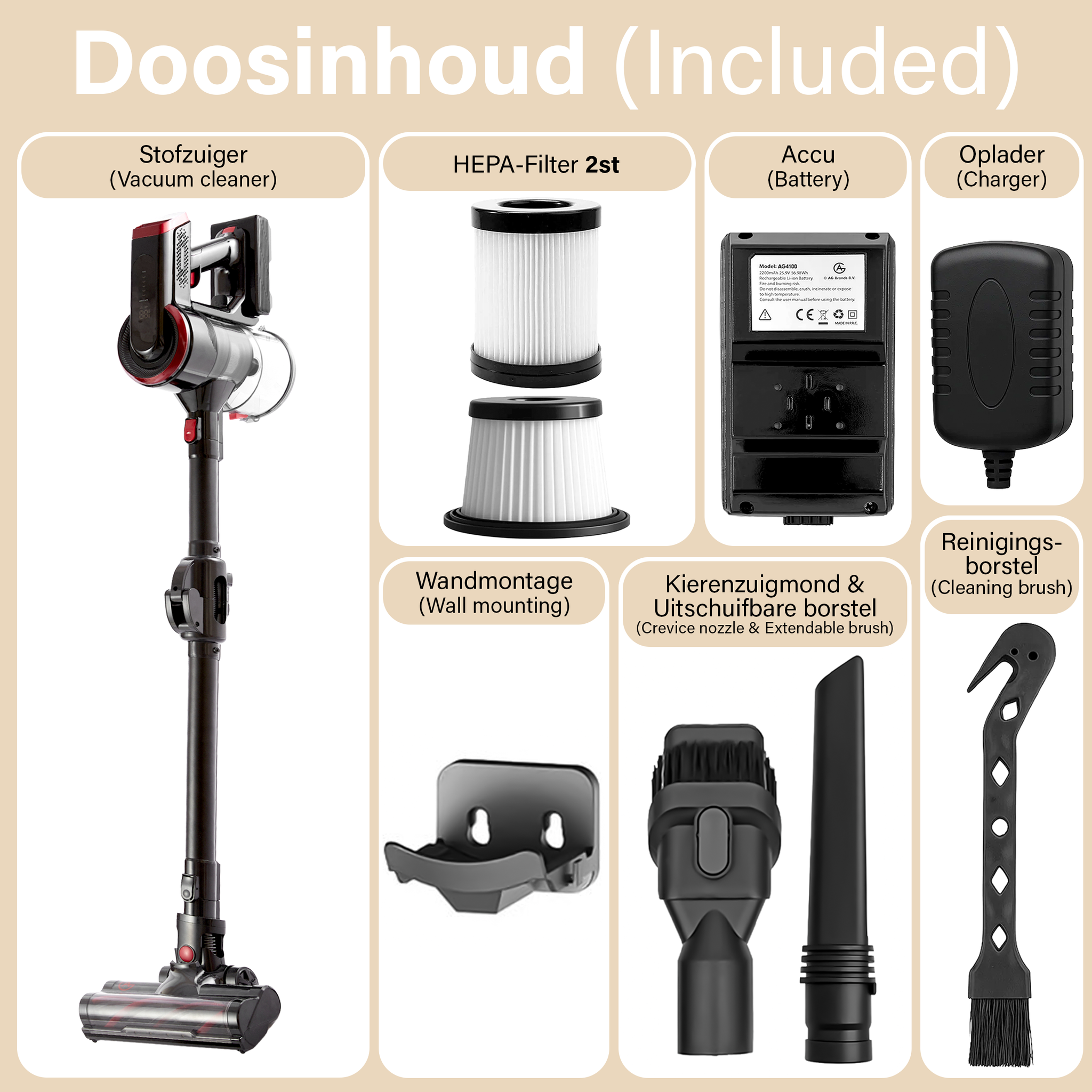 Aspirapolvere AG. Rosso ossidiana. Con tubo flessibile e asta pieghevole.